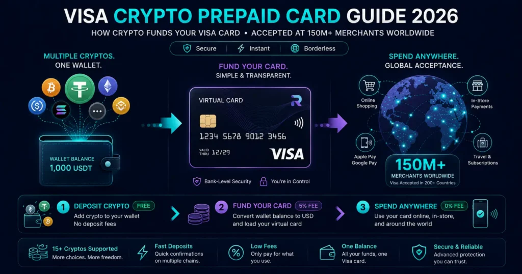 Visa crypto prepaid card guide 2026 - how crypto funds a Visa card accepted at 150M merchants