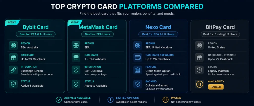 Major Mastercard crypto cards 2026 - Bybit MetaMask Nexo BitPay compared