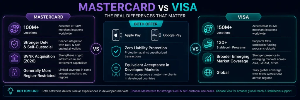 Mastercard vs Visa crypto card comparison - acceptance DeFi focus and coverage differences