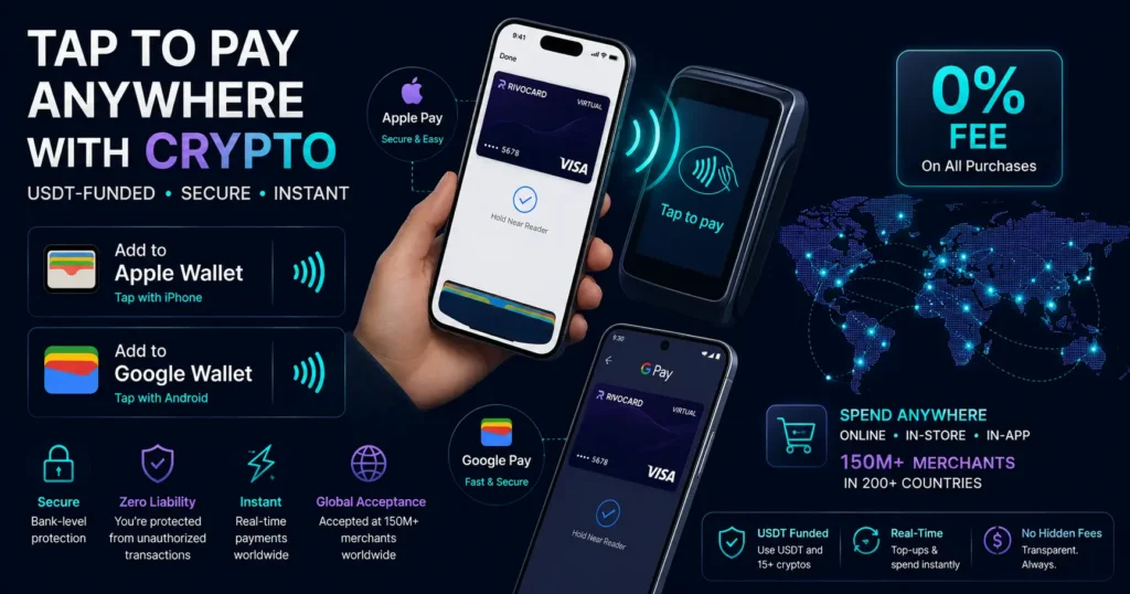 Virtual crypto card with Apple Pay and Google Pay - tap to pay with USDT-funded Rivocard