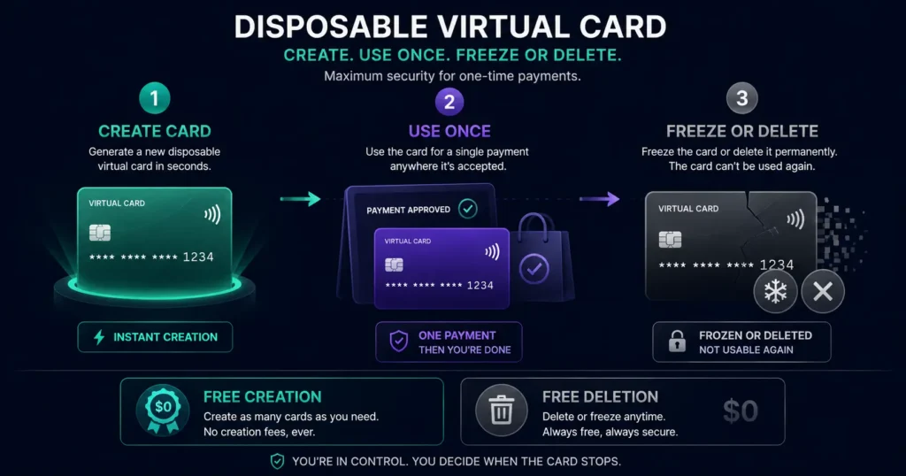 Disposable virtual card for crypto payments - create use once freeze or delete on Rivocard