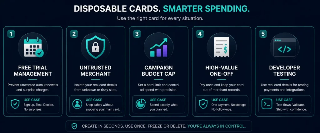 Five use cases for disposable virtual crypto cards - trials advertising one-time purchases
