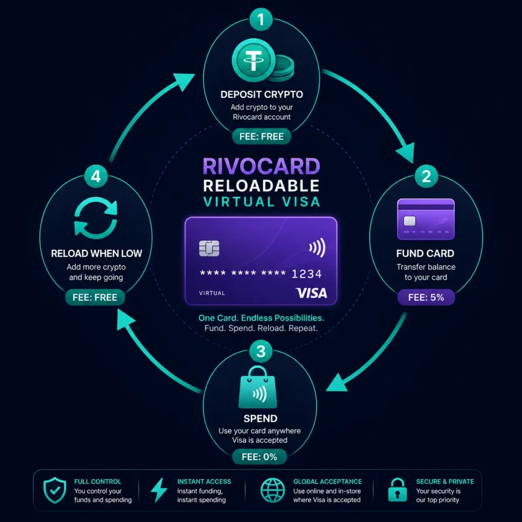 Reloadable crypto prepaid card explained - fund spend reload repeat cycle with Rivocard