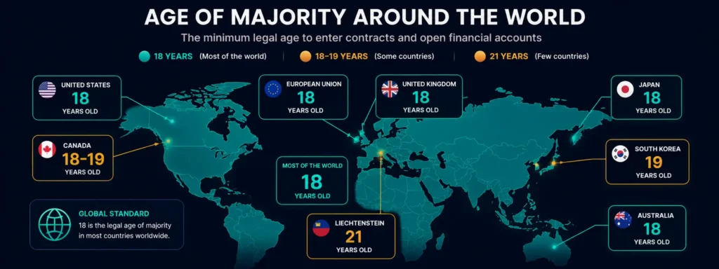 Age of legal majority by country for crypto card eligibility - 18 in most countries