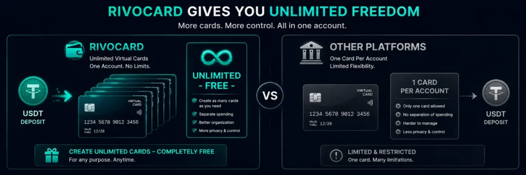 Multiple crypto card creation comparison - Rivocard unlimited vs one card per account on other platforms