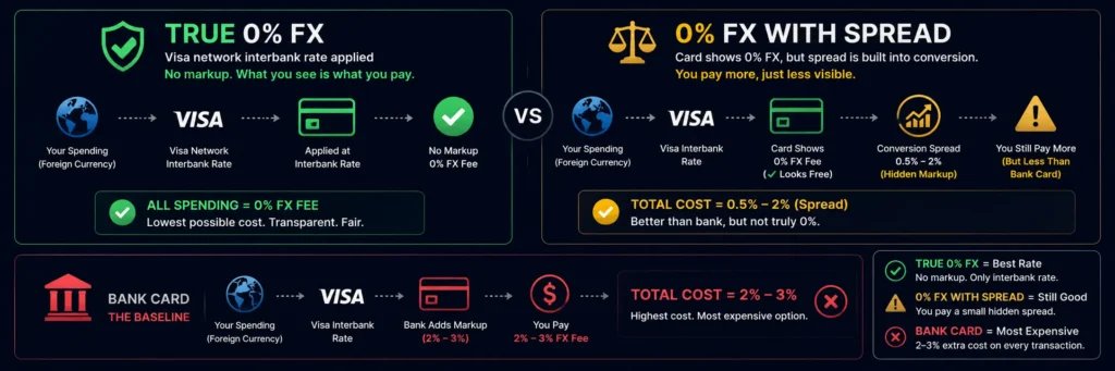 True 0% FX vs 0% FX with hidden conversion spread on crypto travel cards