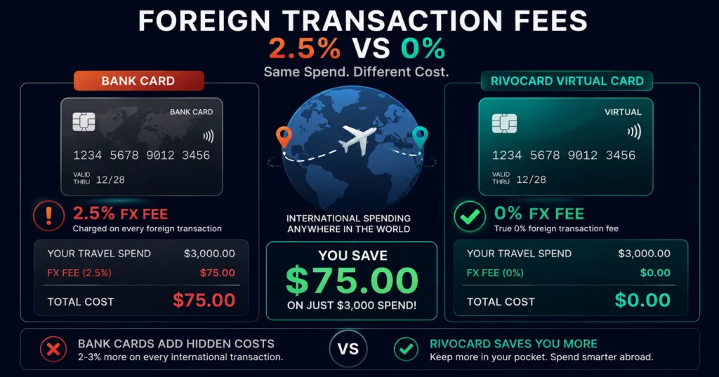 Crypto card foreign transaction fees - 0% FX vs 2-3% bank card comparison