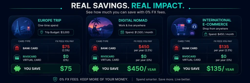 Real savings from 0% FX crypto card vs standard bank card on international spending