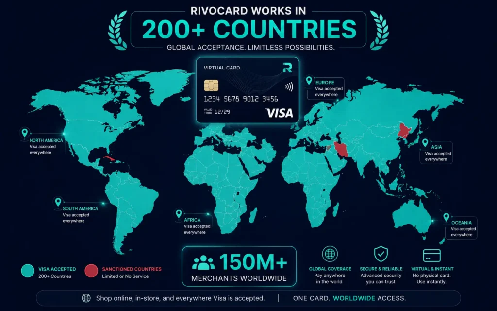 Crypto card works in 200 plus countries - Rivocard Visa global acceptance map