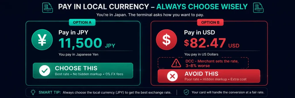 Dynamic Currency Conversion DCC trap abroad - always choose local currency not home currency