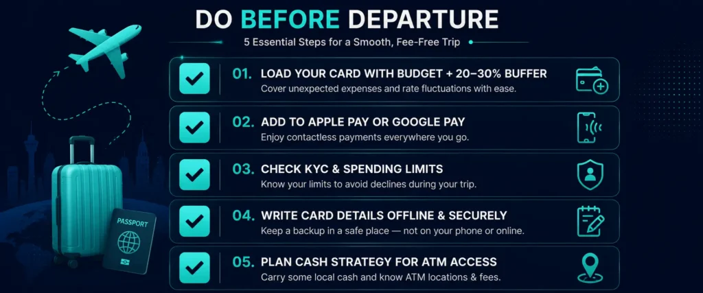 Pre-trip crypto card preparation checklist - five steps before traveling abroad with Rivocard