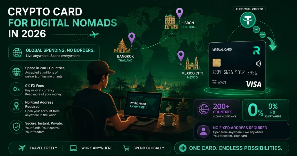 Crypto card for digital nomads 2026 - global spending no fixed address 0% FX fees