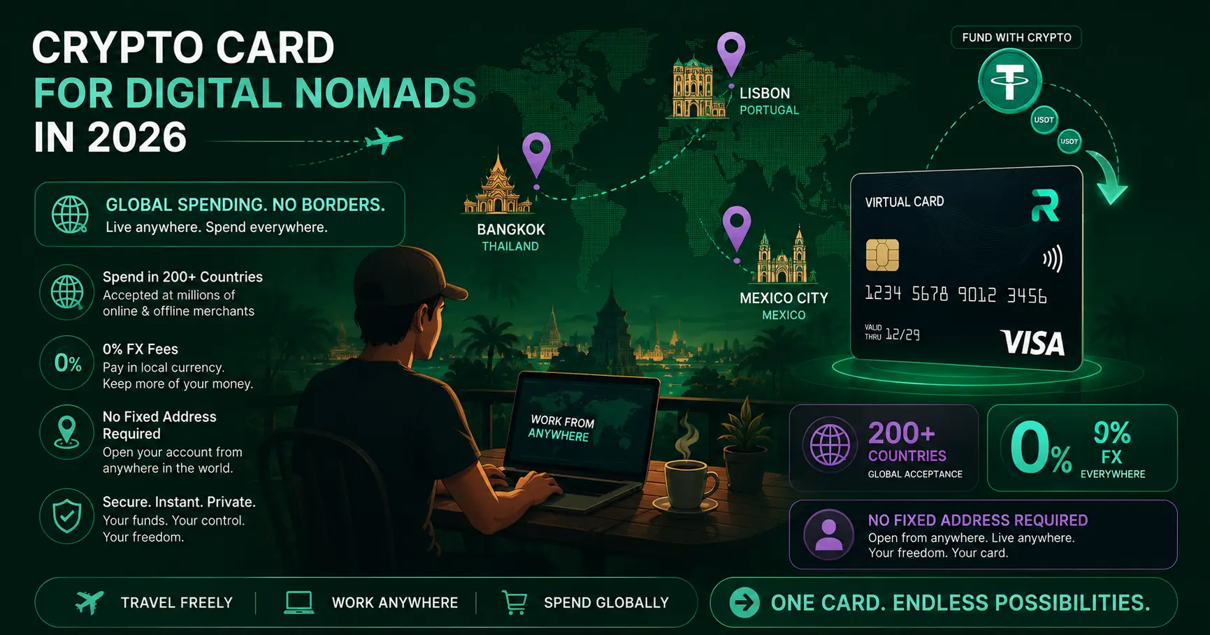 Crypto card for digital nomads 2026 - global spending no fixed address 0% FX fees