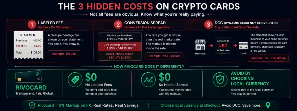 Hidden conversion costs on crypto cards - spread vs labeled fee vs DCC trap