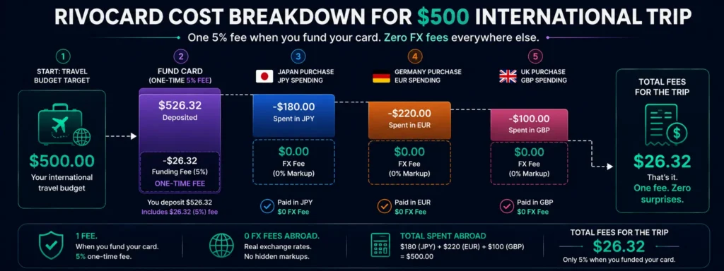 Complete Rivocard cost breakdown for $500 international trip - one 5% fee then zero everywhere