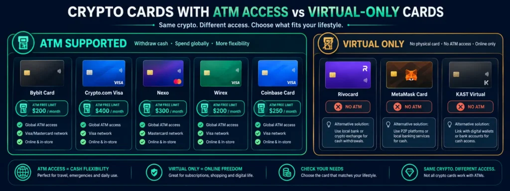 Crypto cards with ATM access vs virtual-only cards - support comparison table