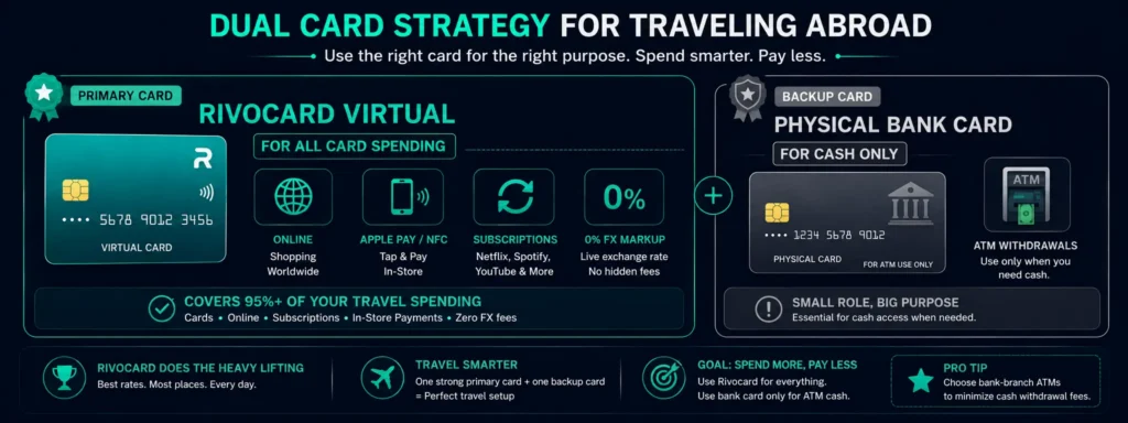 Dual card strategy for Rivocard users traveling abroad - Rivocard for card spending, physical bank card for ATM