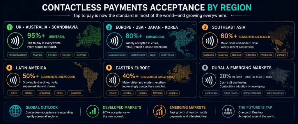 Global contactless payment acceptance by region - near universal in developed markets growing in emerging