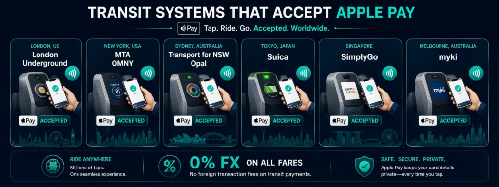 Transit systems that accept Apple Pay contactless - London TfL New York MTA Sydney Tokyo Singapore