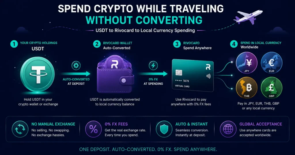 Spend crypto while traveling without converting - USDT to Rivocard to local currency spending