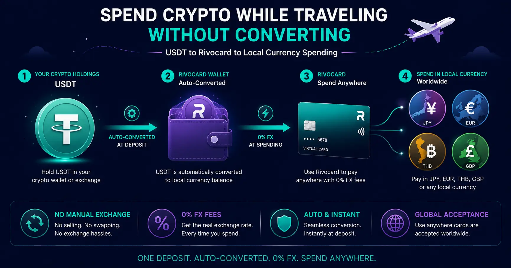 Spend crypto while traveling without converting - USDT to Rivocard to local currency spending