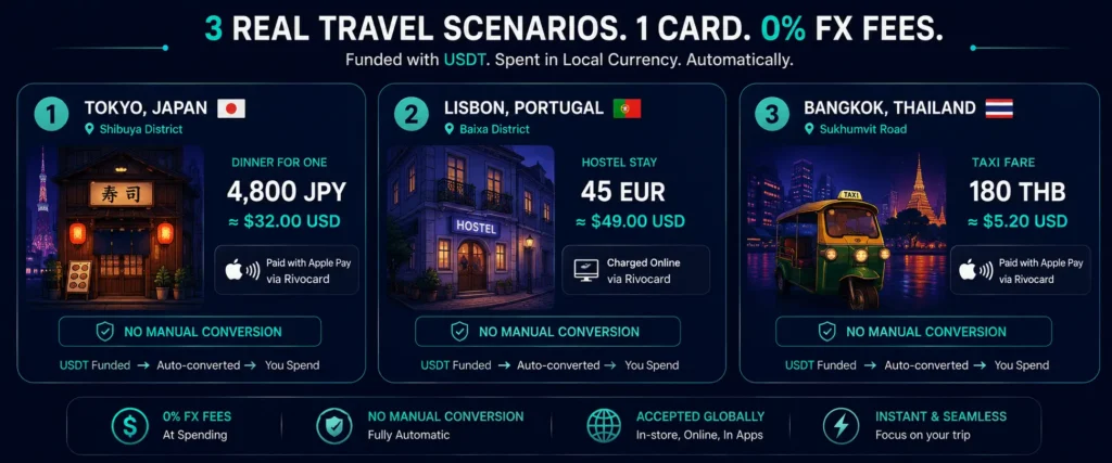 Three travel spending scenarios with Rivocard - Tokyo dinner Lisbon hostel Bangkok taxi