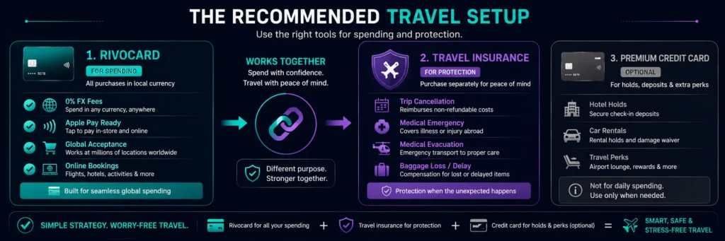 Recommended travel setup - Rivocard for spending plus travel insurance policy for protection