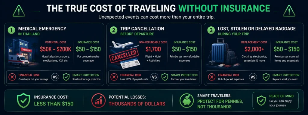 Financial risk of traveling without travel insurance - medical emergency trip cancellation costs