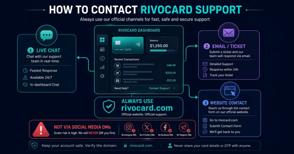How to contact Rivocard support - official channels from dashboard or rivocard.com website