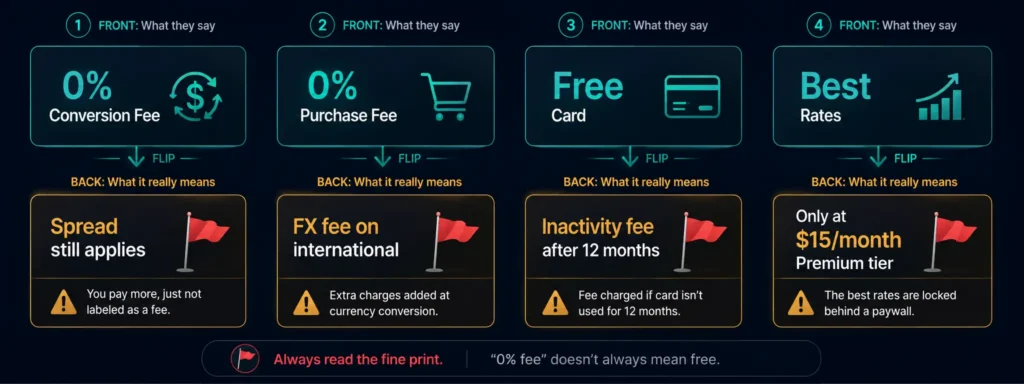 What crypto card 0% fee claims actually mean — marketing language decoded
