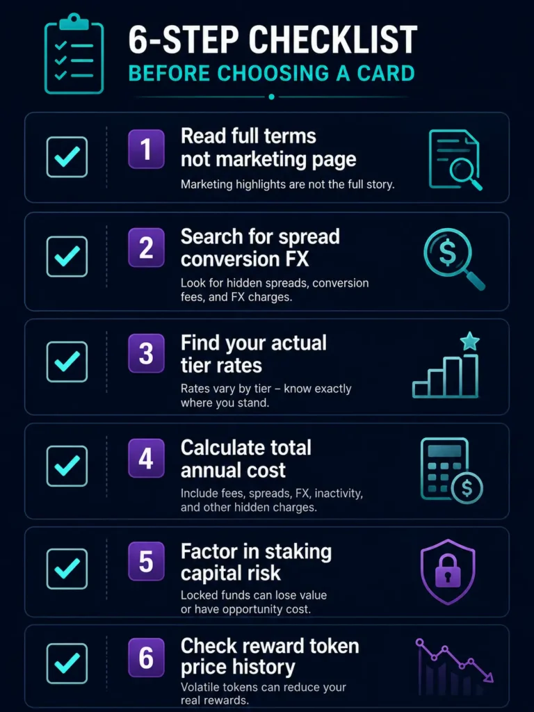 Six-step checklist to find hidden fees in a crypto card before signing up