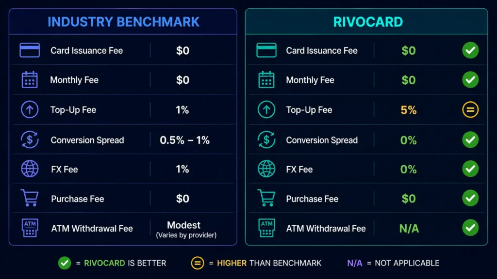 Industry benchmark crypto card fees 2026 vs Rivocard fee structure comparison