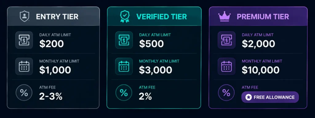 Crypto card ATM withdrawal limits by tier — daily and monthly limits in 2026