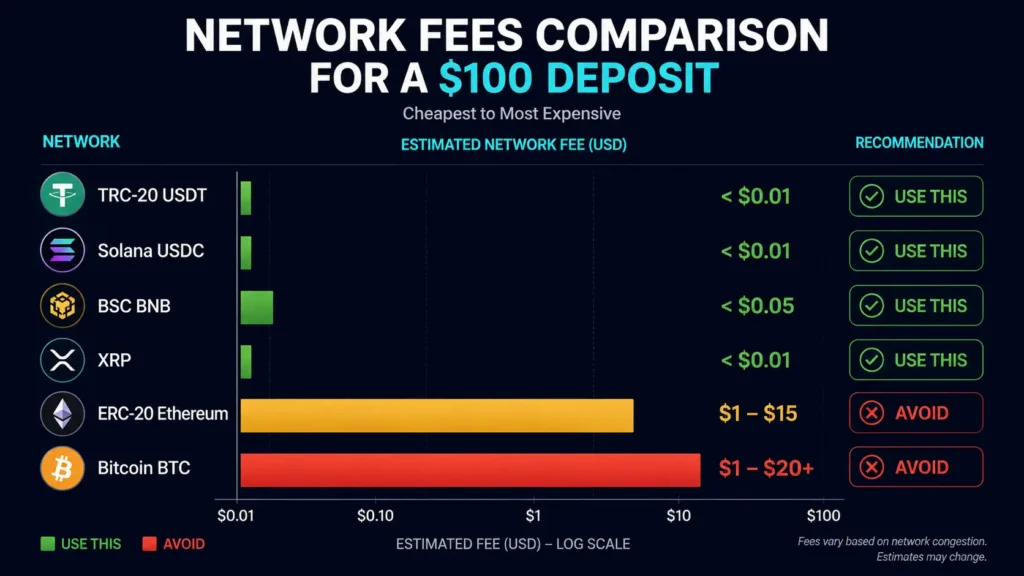 Crypto card deposit network fee comparison — TRC-20 vs Ethereum vs Bitcoin costs