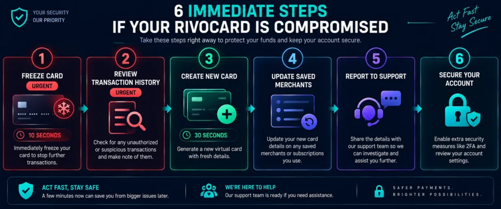 Six immediate steps when a Rivocard is compromised - freeze review replace update report secure